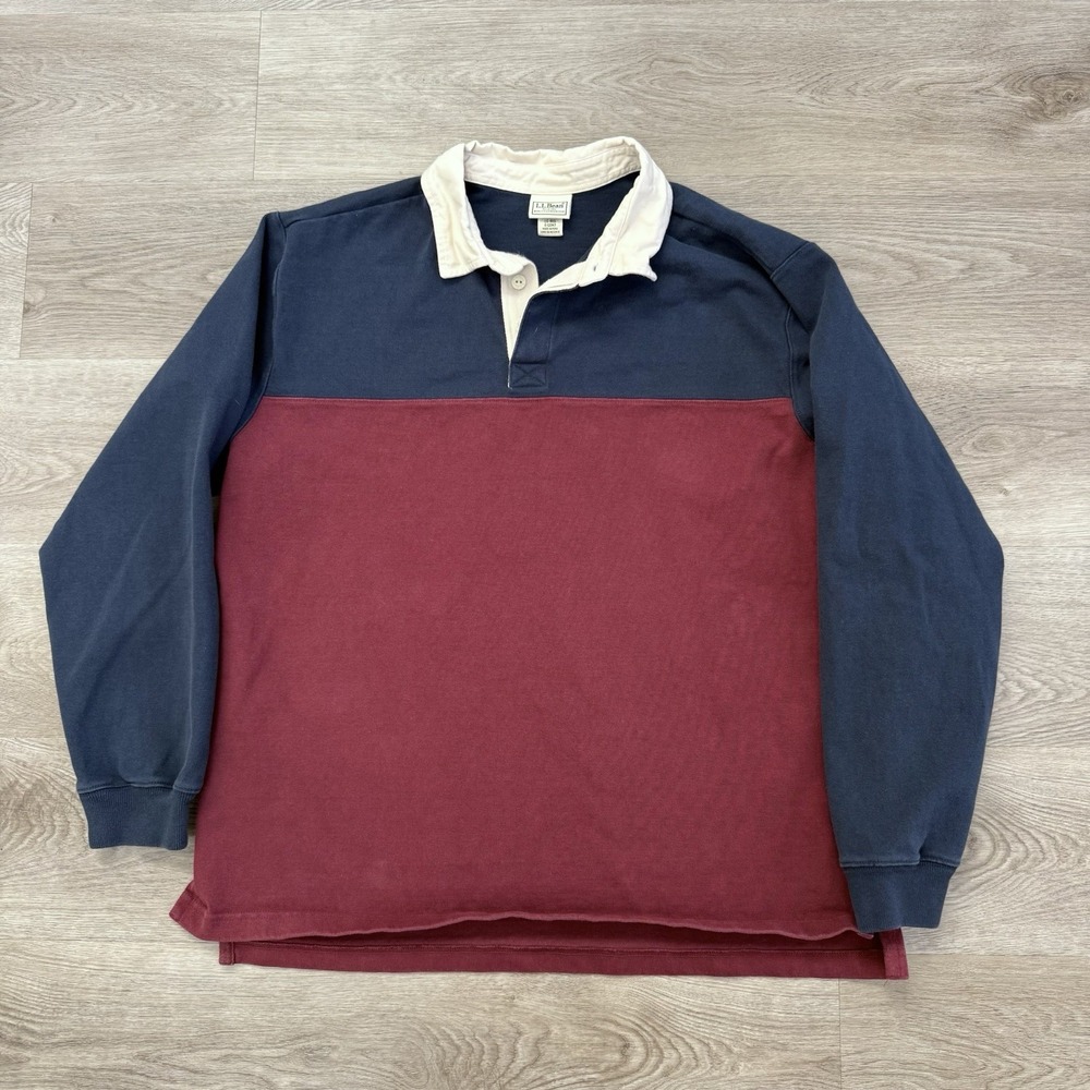 Vintage LL Bean Rugby Shirt Mens Large L Navy Red Colorblock Heavy Cotton Polo